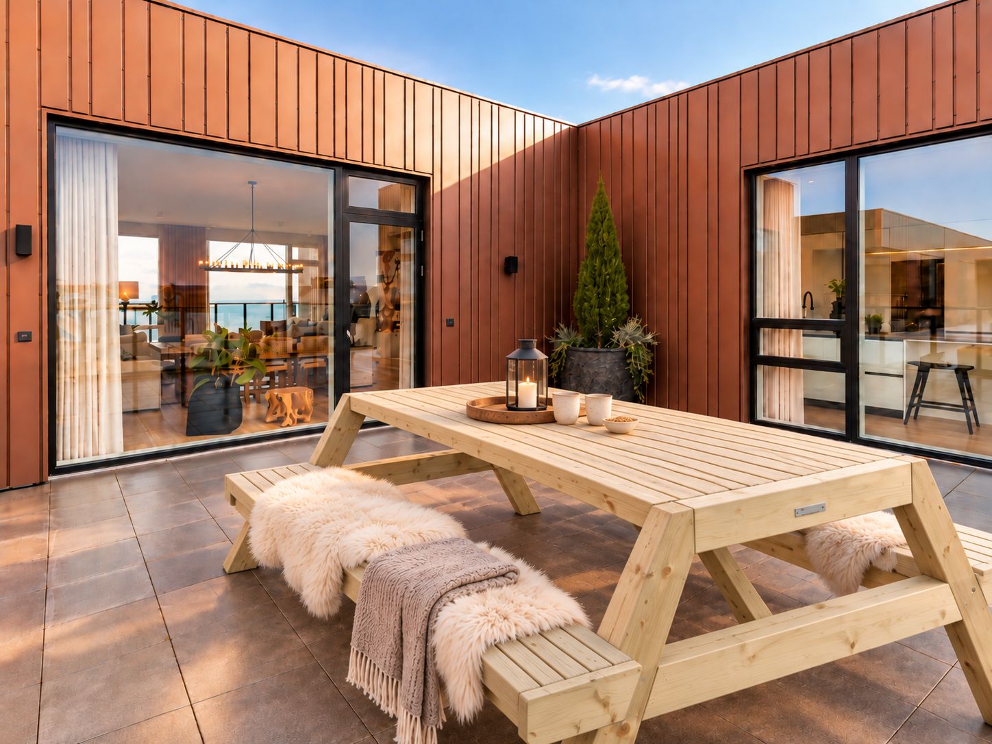 A modern outdoor dining area with a wooden table and benches, a potted plant, and a view of the interior through glass doors.