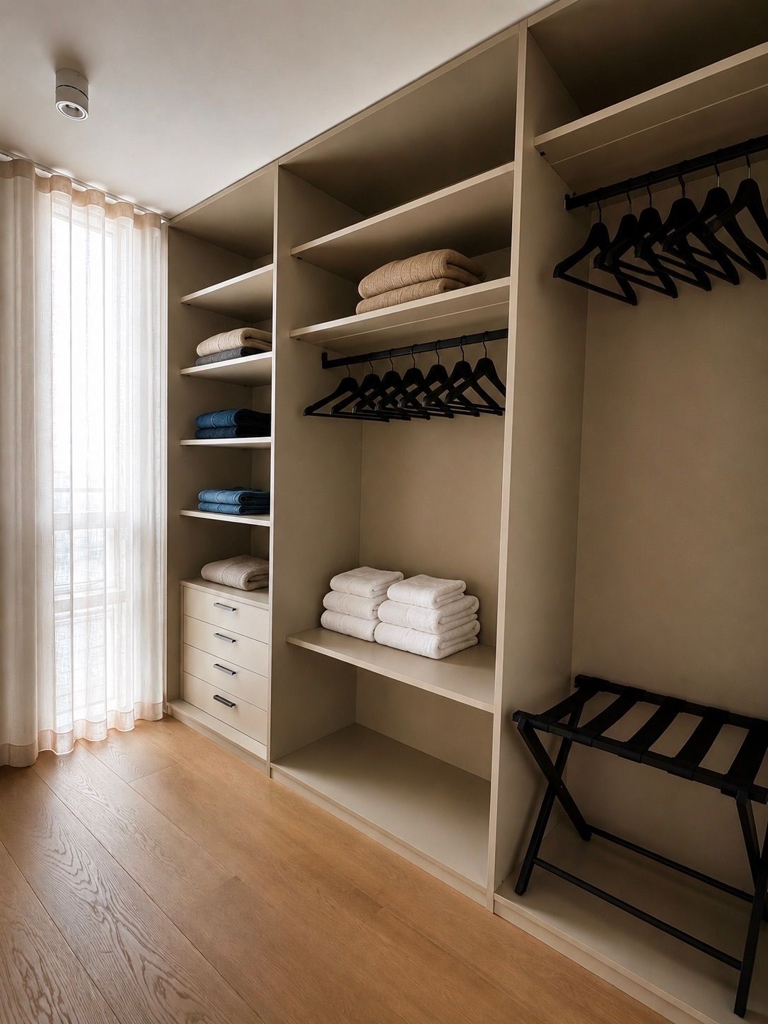 A walk-in closet with multiple shelves, hanging space, and a bench.