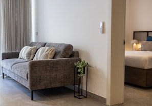 A modern living room with a grey sofa, patterned cushions, a small potted plant, and a bedside table with a lamp. - Sunny Apartment, Cozy Comfort in Style (Msida)