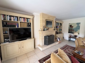 A living room with a television, bookshelves, a fireplace, and a painting.