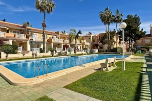 Ein Swimmingpool mit klarem, blauem Wasser, umgeben von einem gepflegten Rasen und Palmen.