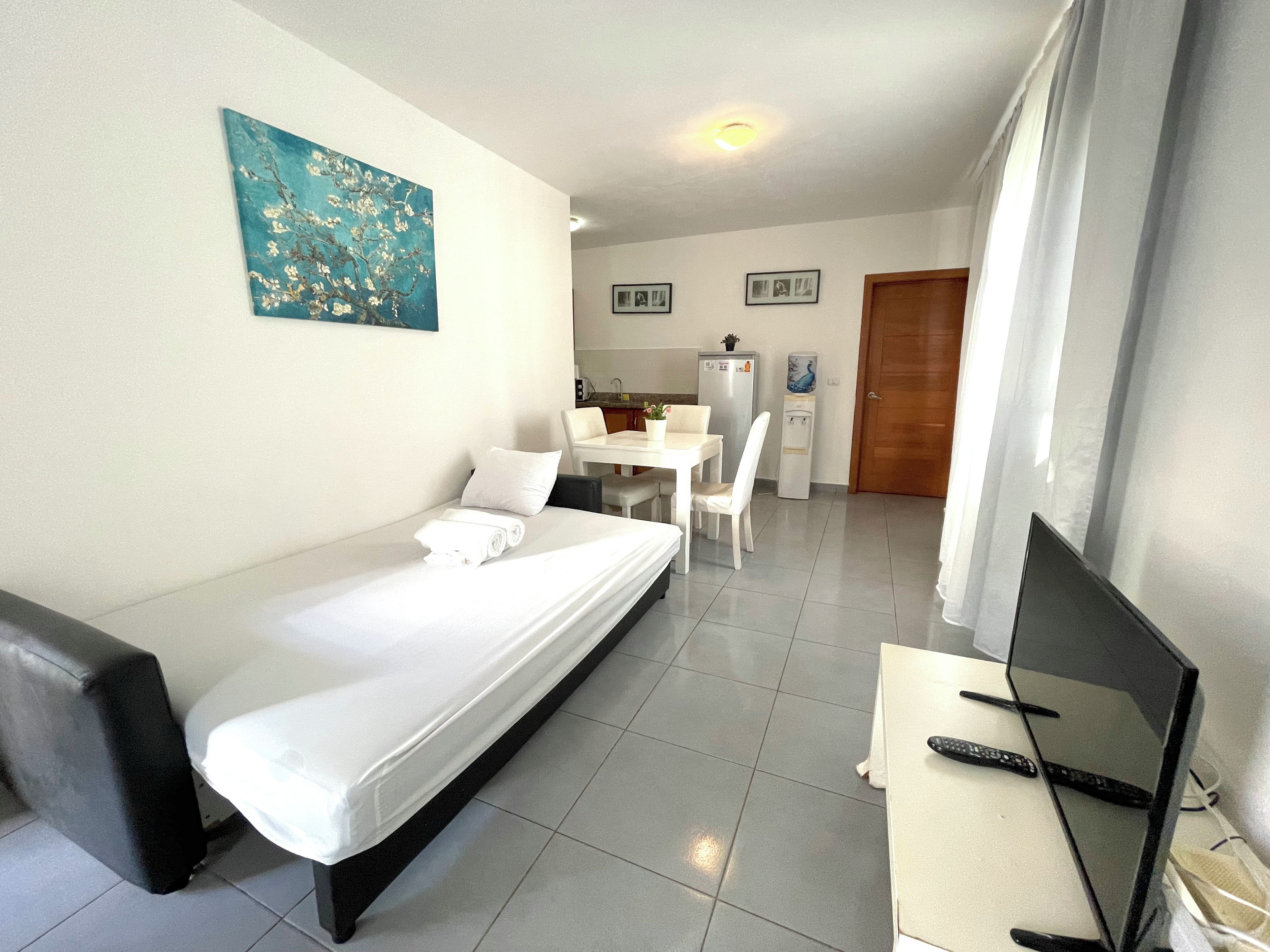 Una camera d'albergo con un letto, una scrivania con un computer, una sedia, un tavolino con una pianta e un quadro appeso al muro.