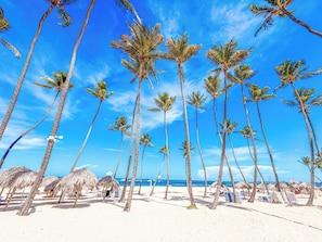 A beach with tall palm trees and thatched umbrellas. - VACATION STUDIOS and SUITES playa BAVARO (Punta Cana)