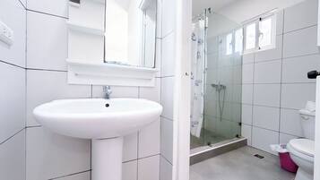 Un bagno con lavandino bianco, uno specchio, una doccia con porta in vetro e un water.