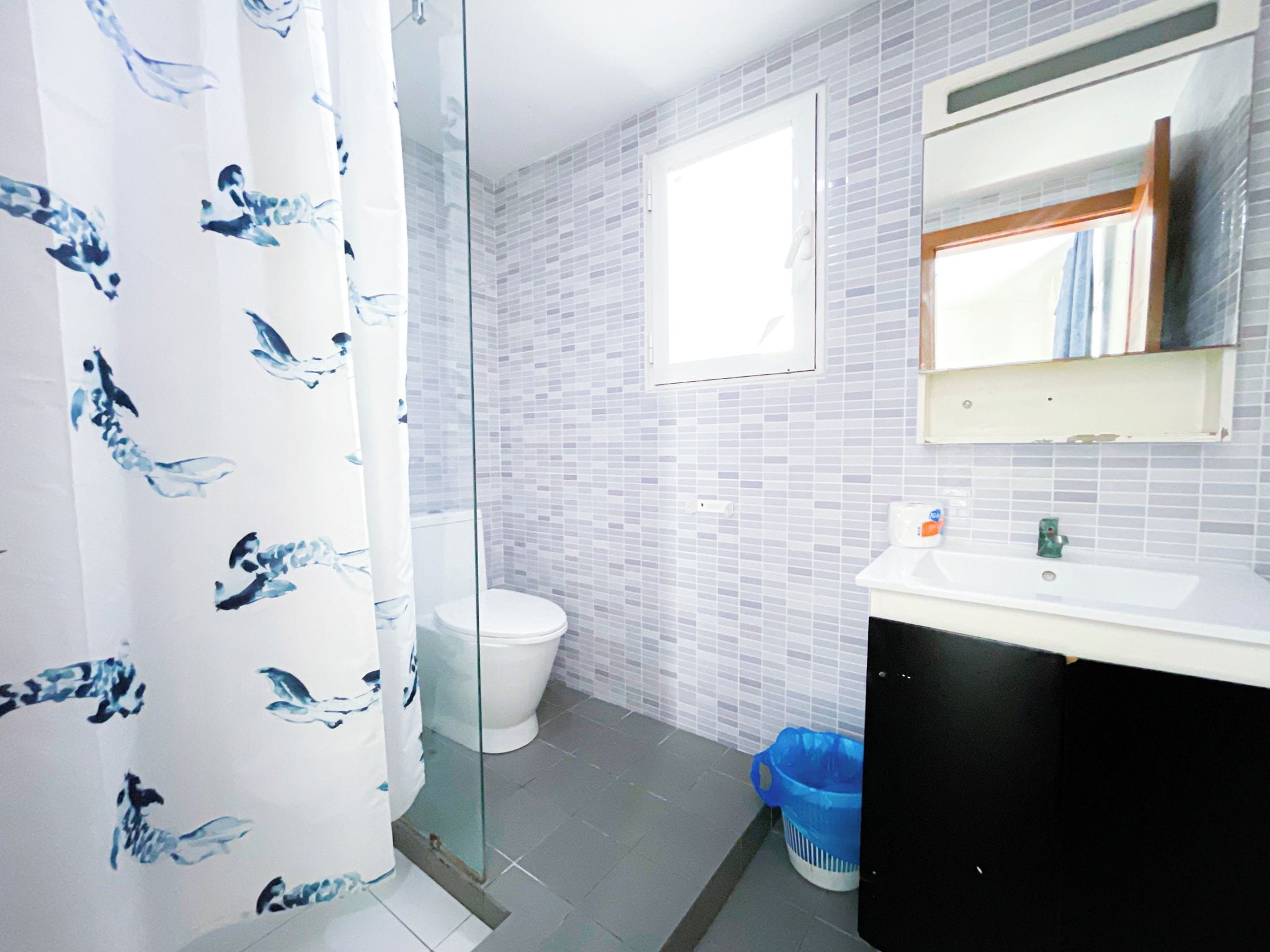 Un baño con inodoro, ducha y lavamanos con espejo superior.