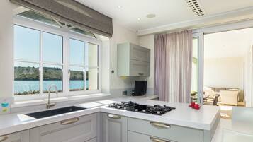 Una cocina moderna con estufa integrada, un lavamanos y ventana con vistas al agua.