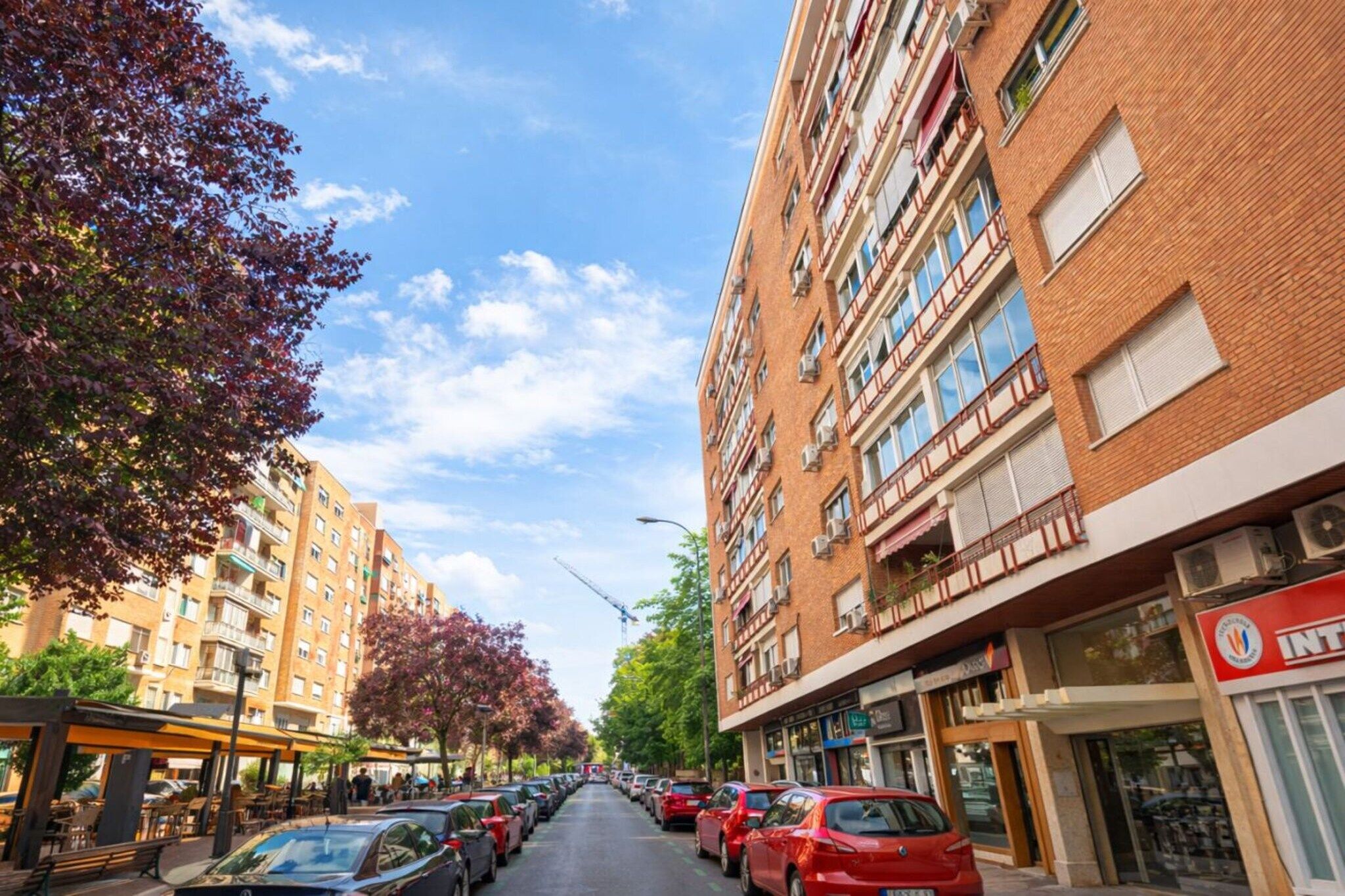 A street lined with multi-story residential buildings, parked cars, and trees with autumn foliage.