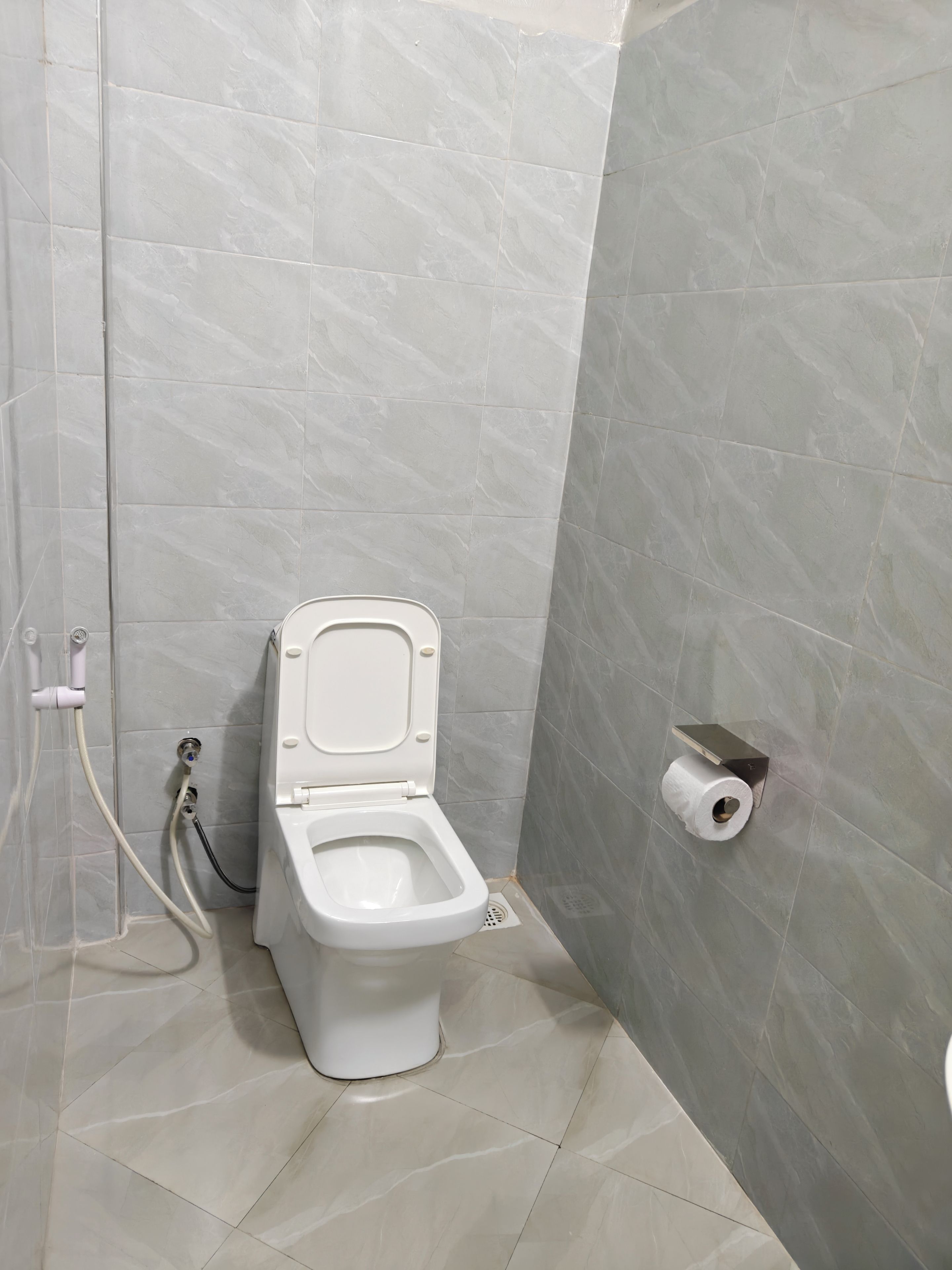 A bathroom with a toilet, a shower, and a toilet paper holder.