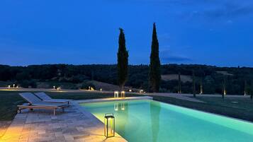 A swimming pool with a lounge area and tall trees in the background.