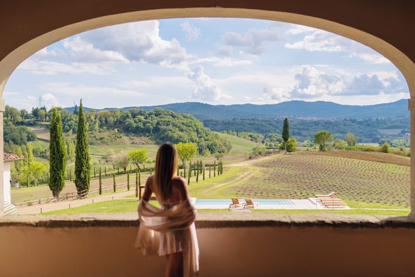A woman standing by a window overlooking a vineyard with a pool and lounge chairs.