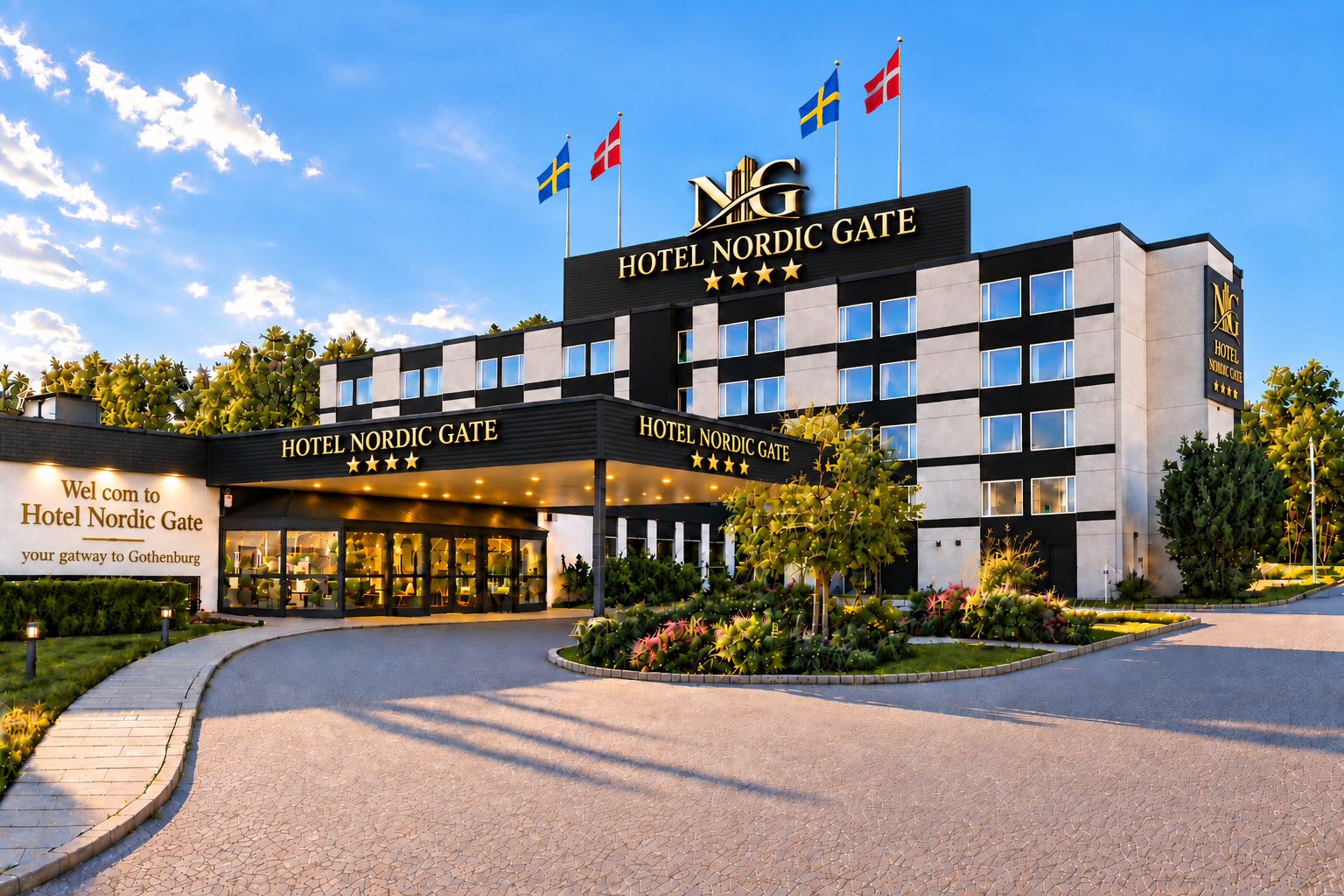 Ett modernt hotell med en framträdande entré, flaggor och en skylt som visar att det är en port till Göteborg.