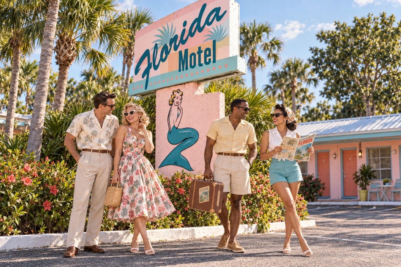 A sign for Florida Motel with a tropical theme, palm trees, and a building in the background.