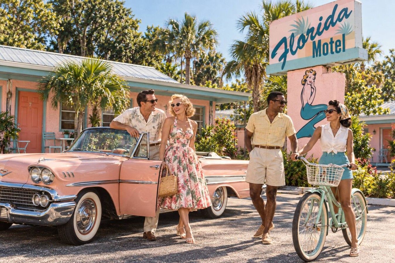 A vintage car parked in front of a motel with a sign that reads 'Florida Motel.'