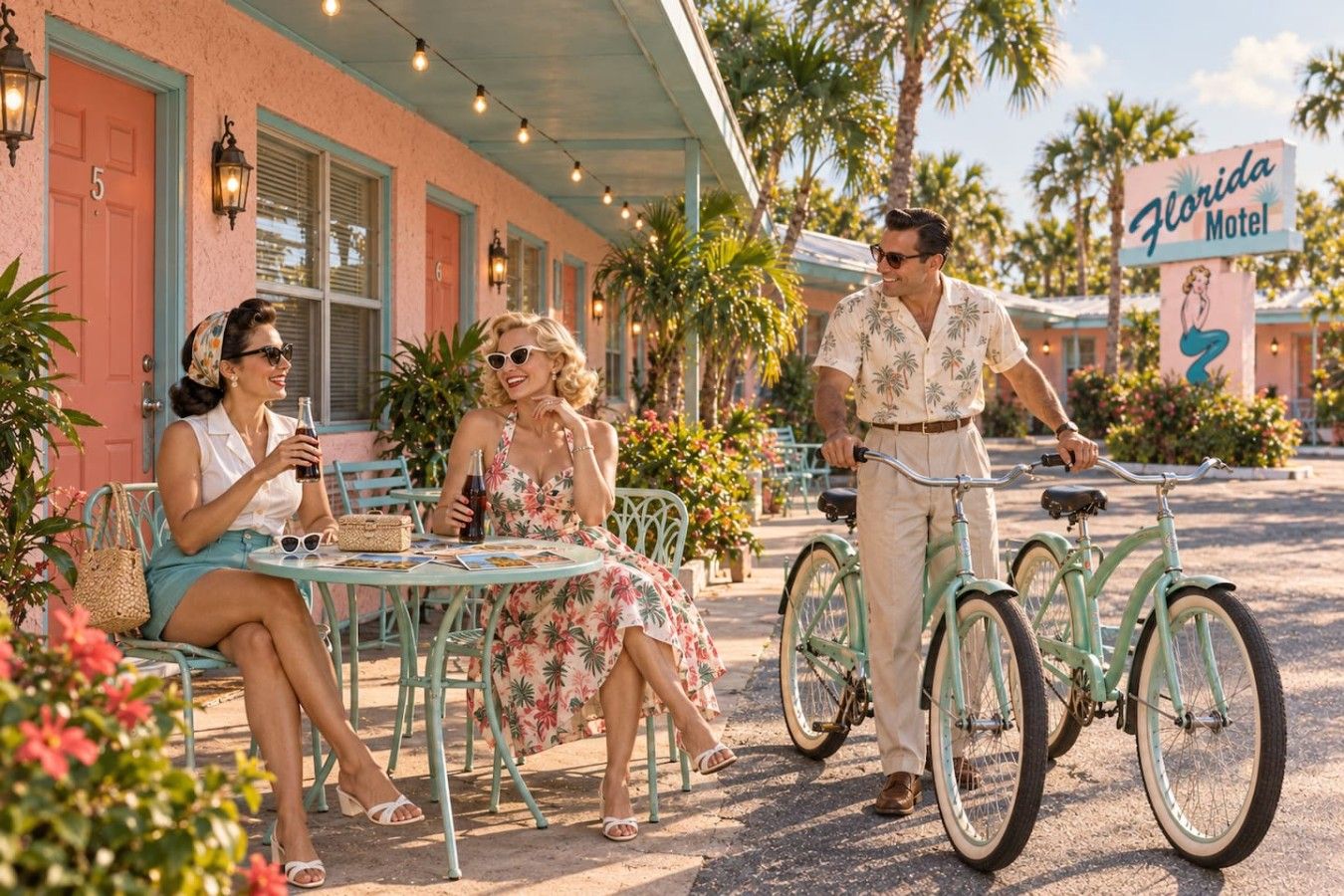 Ein Motel im Vintage-Stil mit Außenbestuhlung und einem Fahrrad.
