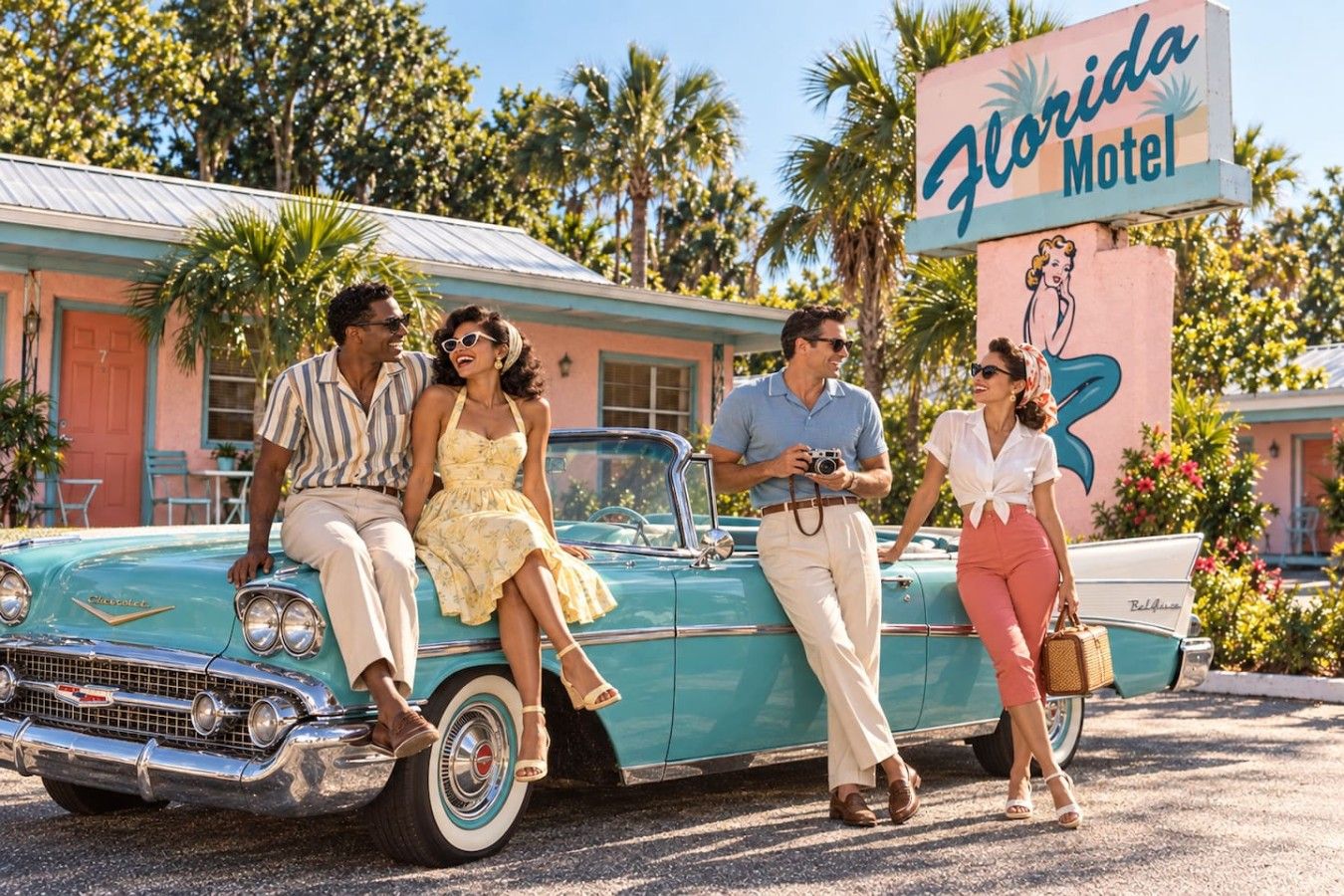 Ein Oldtimer vor einem Motel, auf dessen Schild 'Florida Motel' steht.