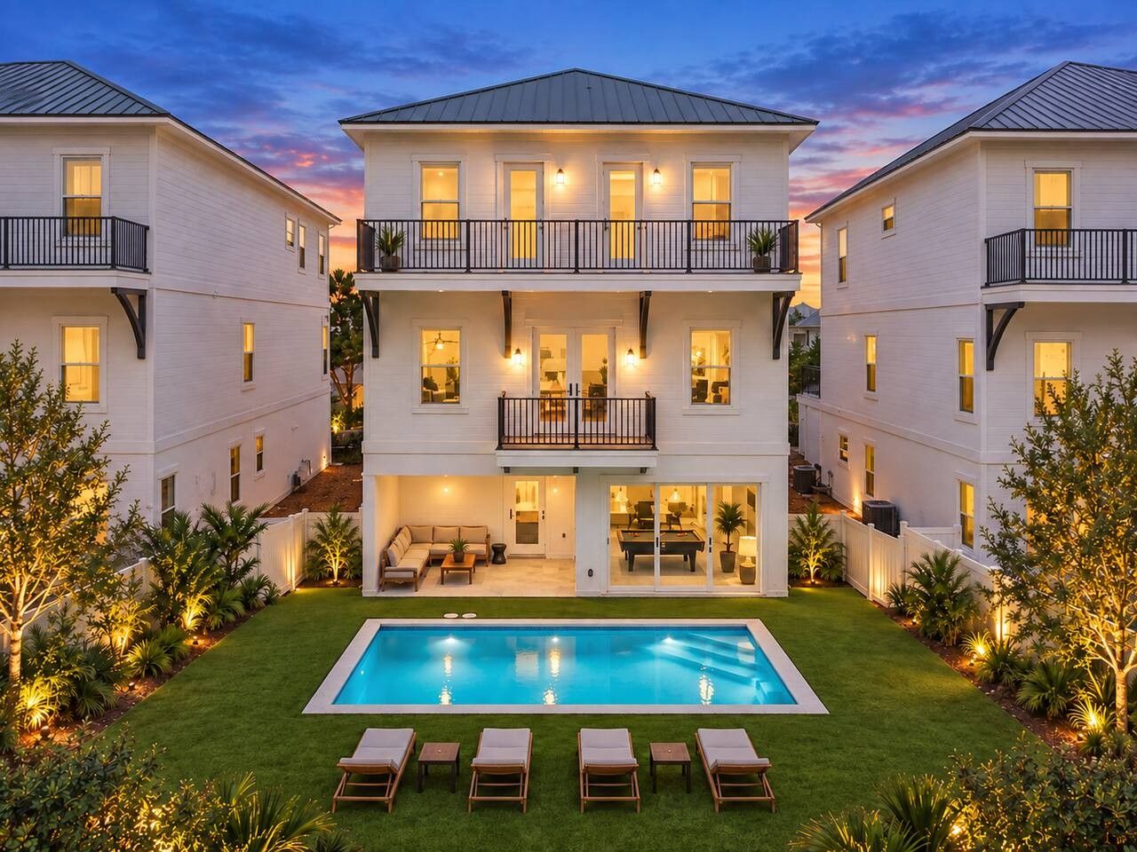 Un edificio residencial de dos pisos con piscina, mobiliario exterior y un balcón bien iluminado.