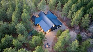 Una casa moderna rodeada de un bosque denso, con un patio visible y una chimenea.