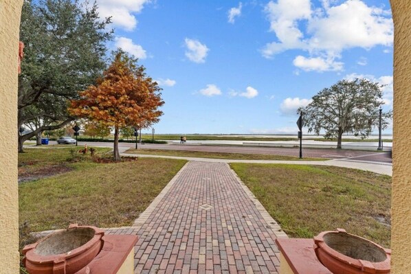 A paved pathway leading to a body of water with trees on either side.
