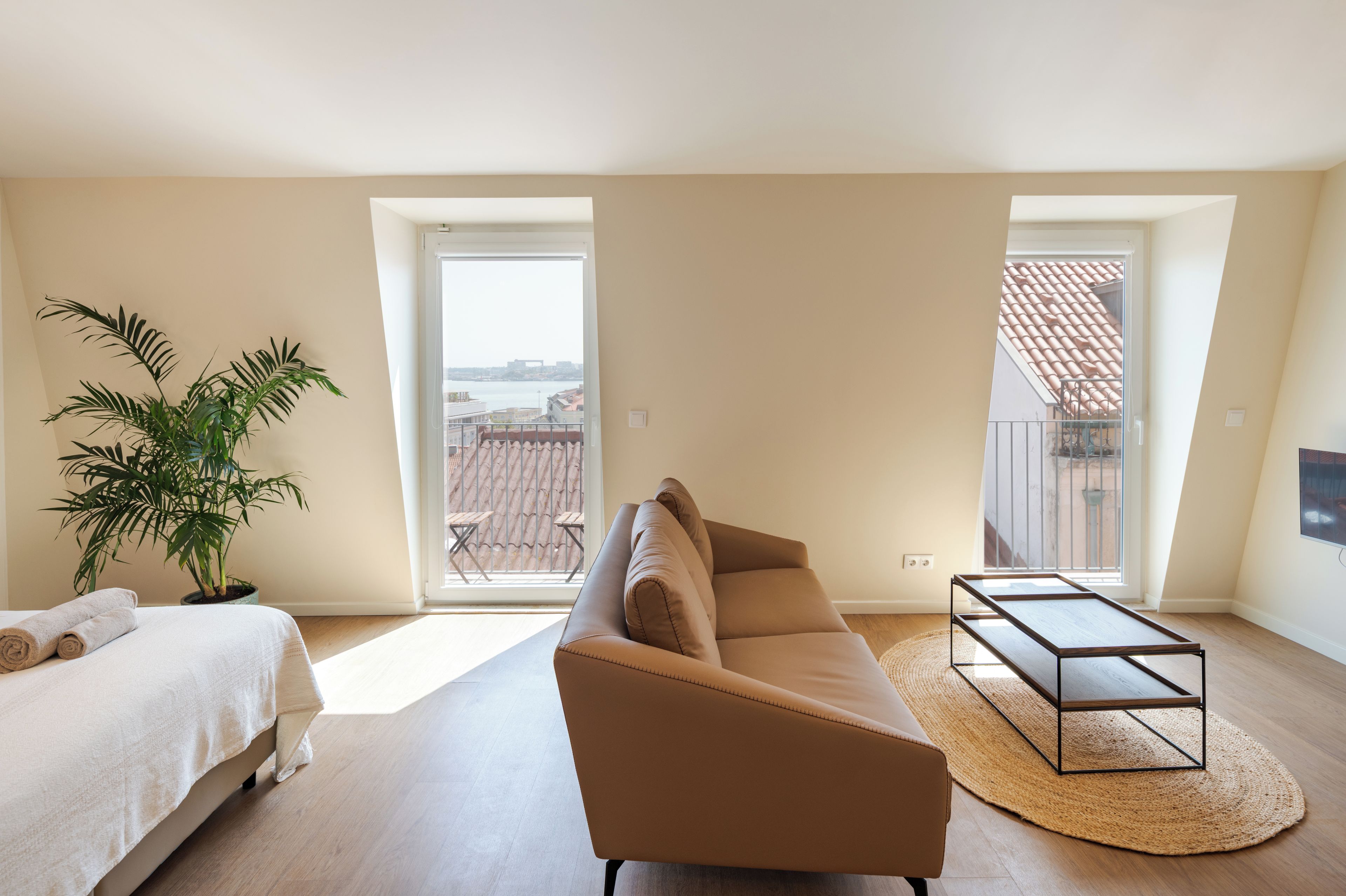 A modern bedroom with a sofa, a small table, a potted plant, and a bed with a rolled towel.