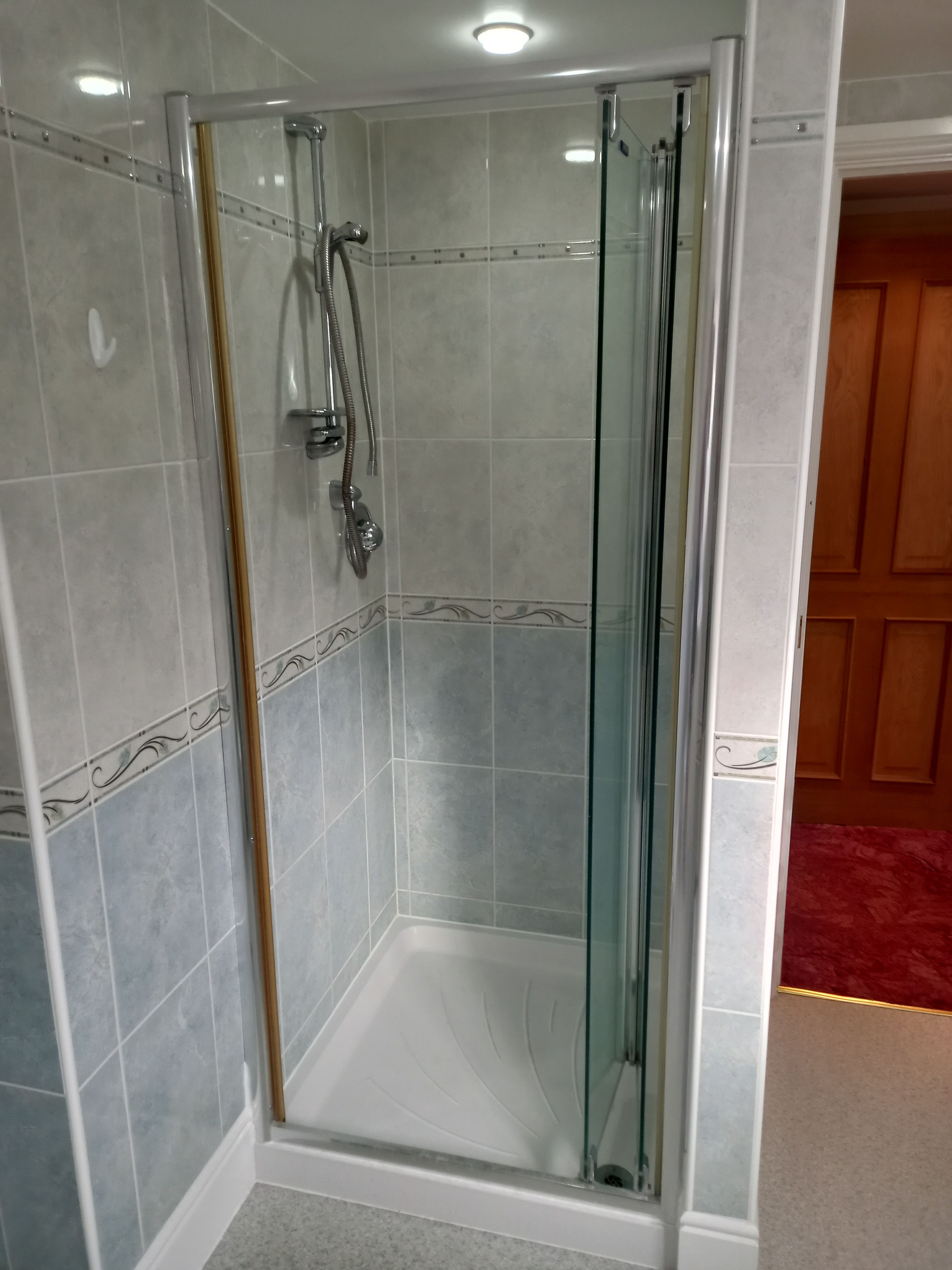 A glass-enclosed shower with a tiled wall and a wooden door in the background.
