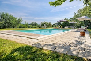 A rectangular swimming pool with a tiled deck, surrounded by grass and trees.