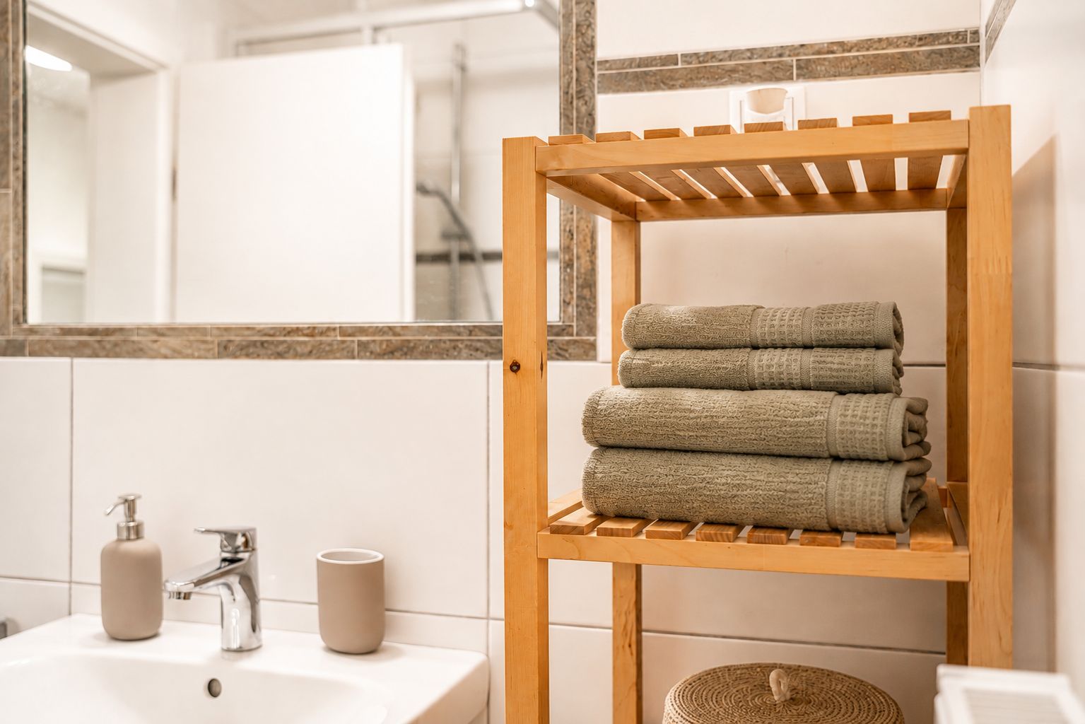 Ein Badezimmer mit einem Holzboden, der gefaltete Handtücher, ein Waschbecken mit Armatur und einen Spiegel über dem Boden beherbergt.