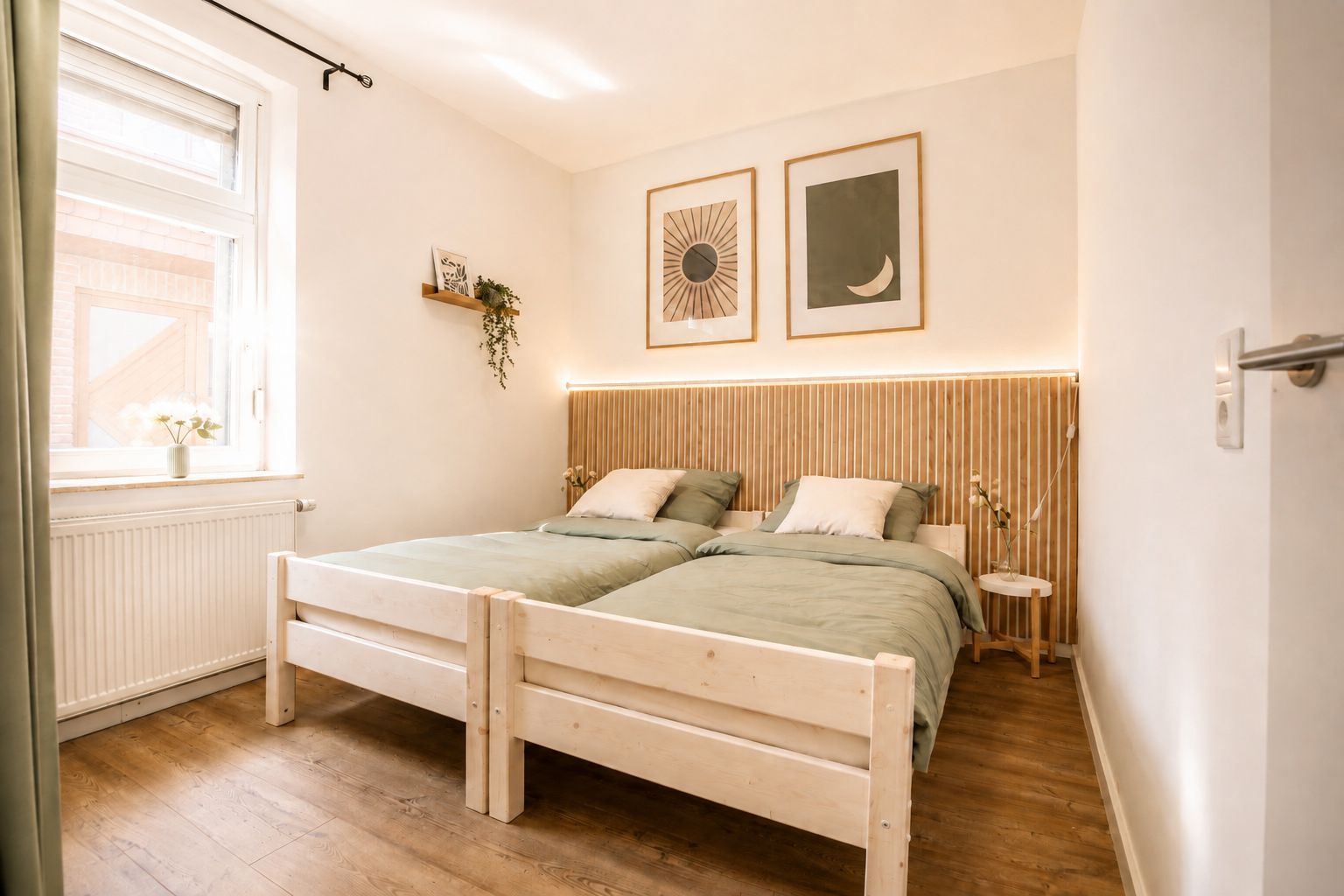 Un dormitorio con cama de madera, ventana con cortinas, radiador y dos cuadros en la pared.