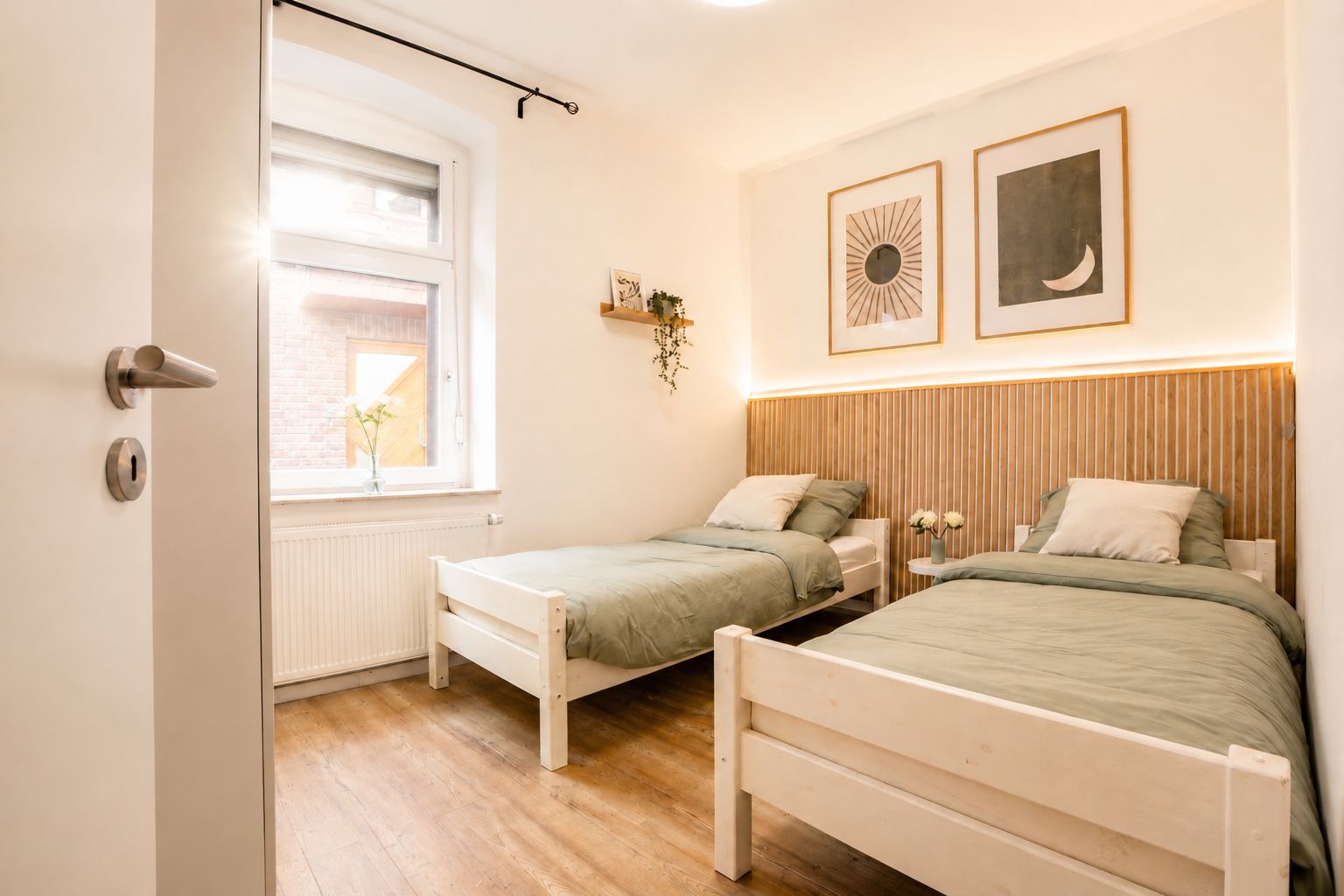 Ein Schlafzimmer mit zwei Einzelbetten, einem Fenster mit Jalousien, einem Heizkörper und Wandbildern.
