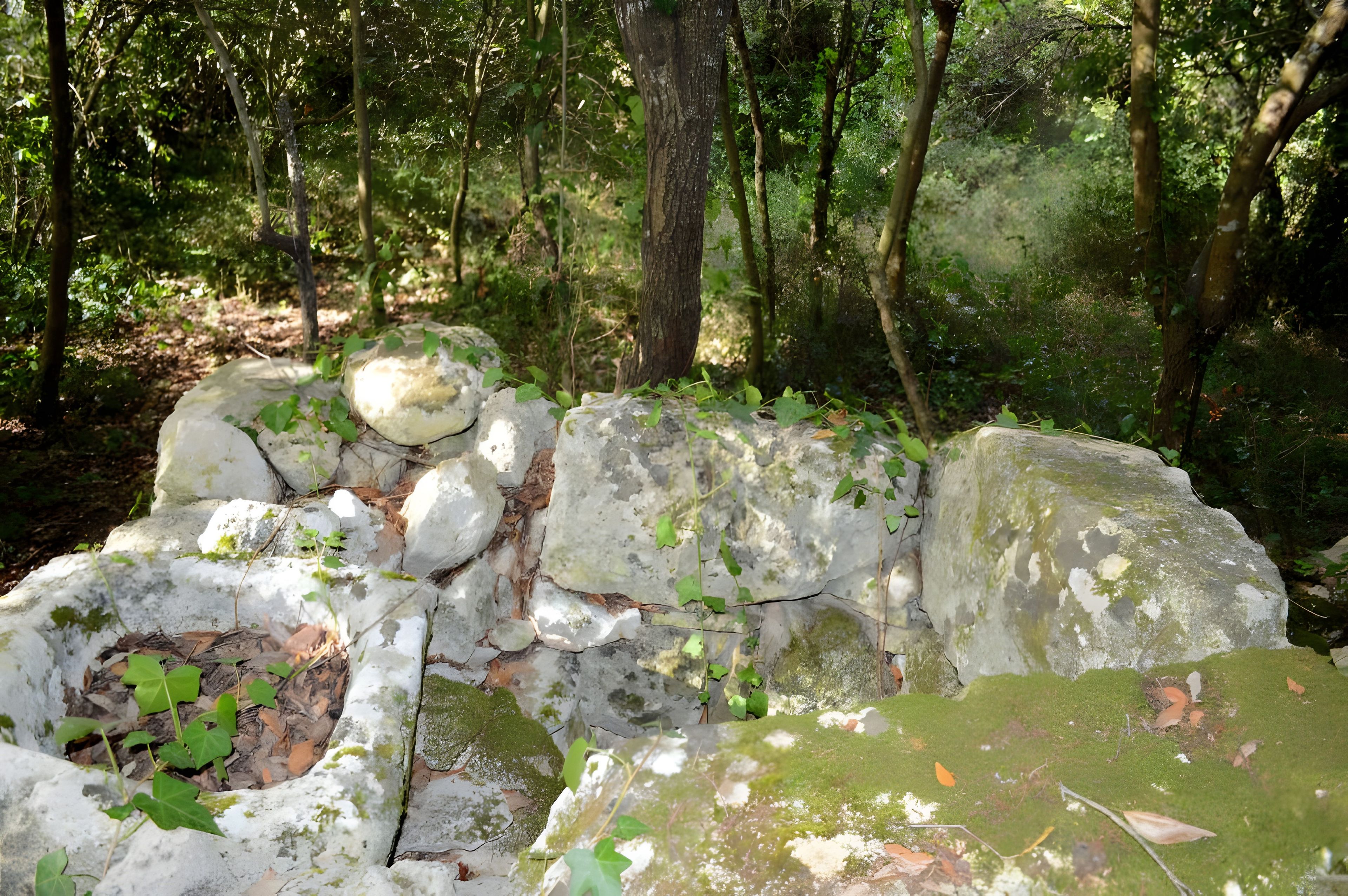 Ein aus Naturstein errichtetes Gebäude, umgeben von Wald.