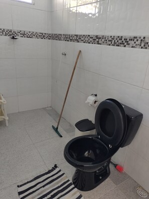 Ein Badezimmer mit Toilette, einem Mop, einer Streifenoptik-Teppich und einer gefliesten Wand mit dekorativem Fries.