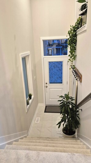 A staircase with a white door, a small window, and a potted plant.