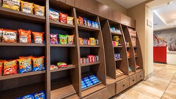 Shelves stocked with snacks and treats