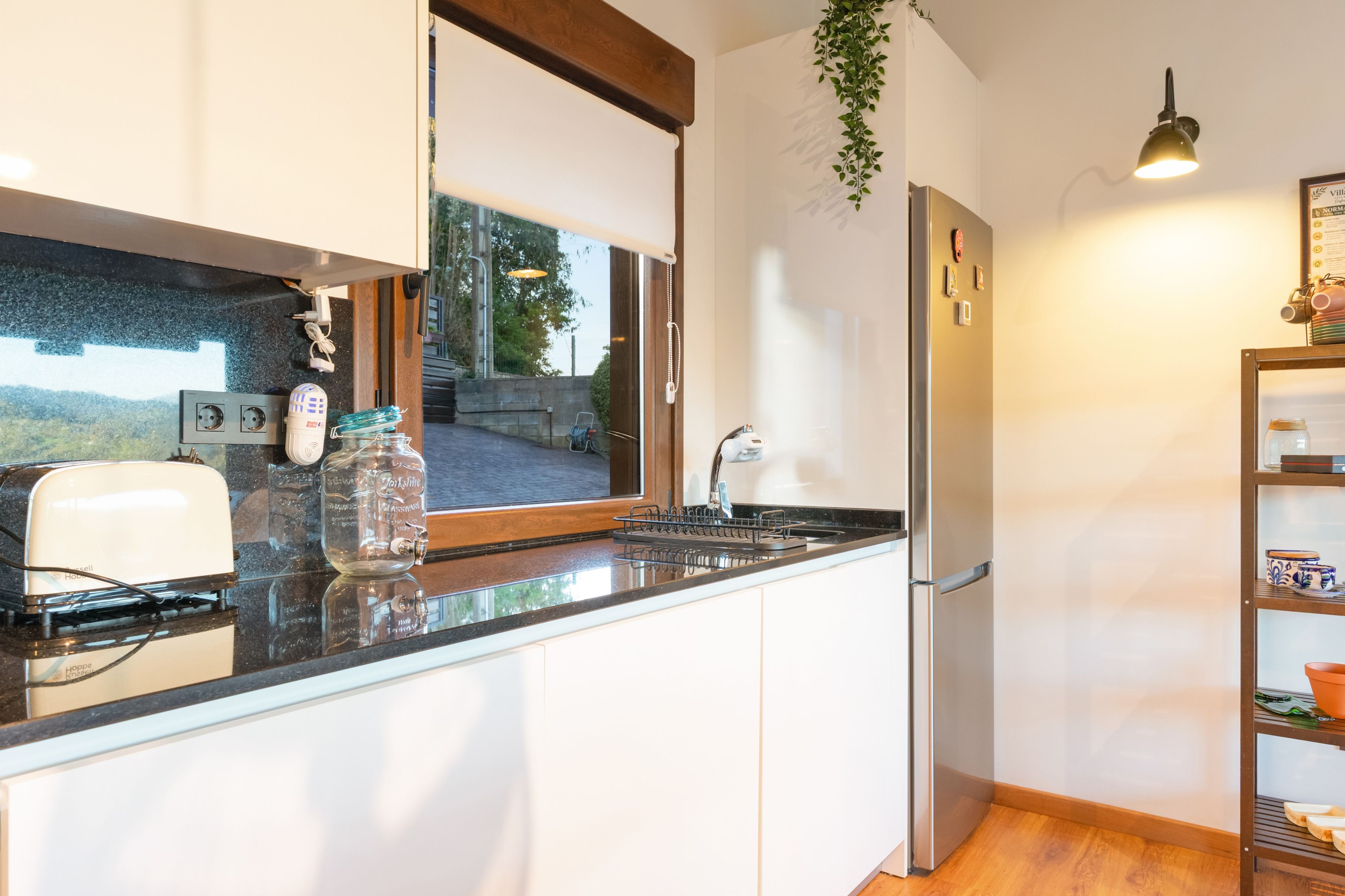 Een moderne keuken met een inbouwkoelkast, een raam met uitzicht en een hangplant.
