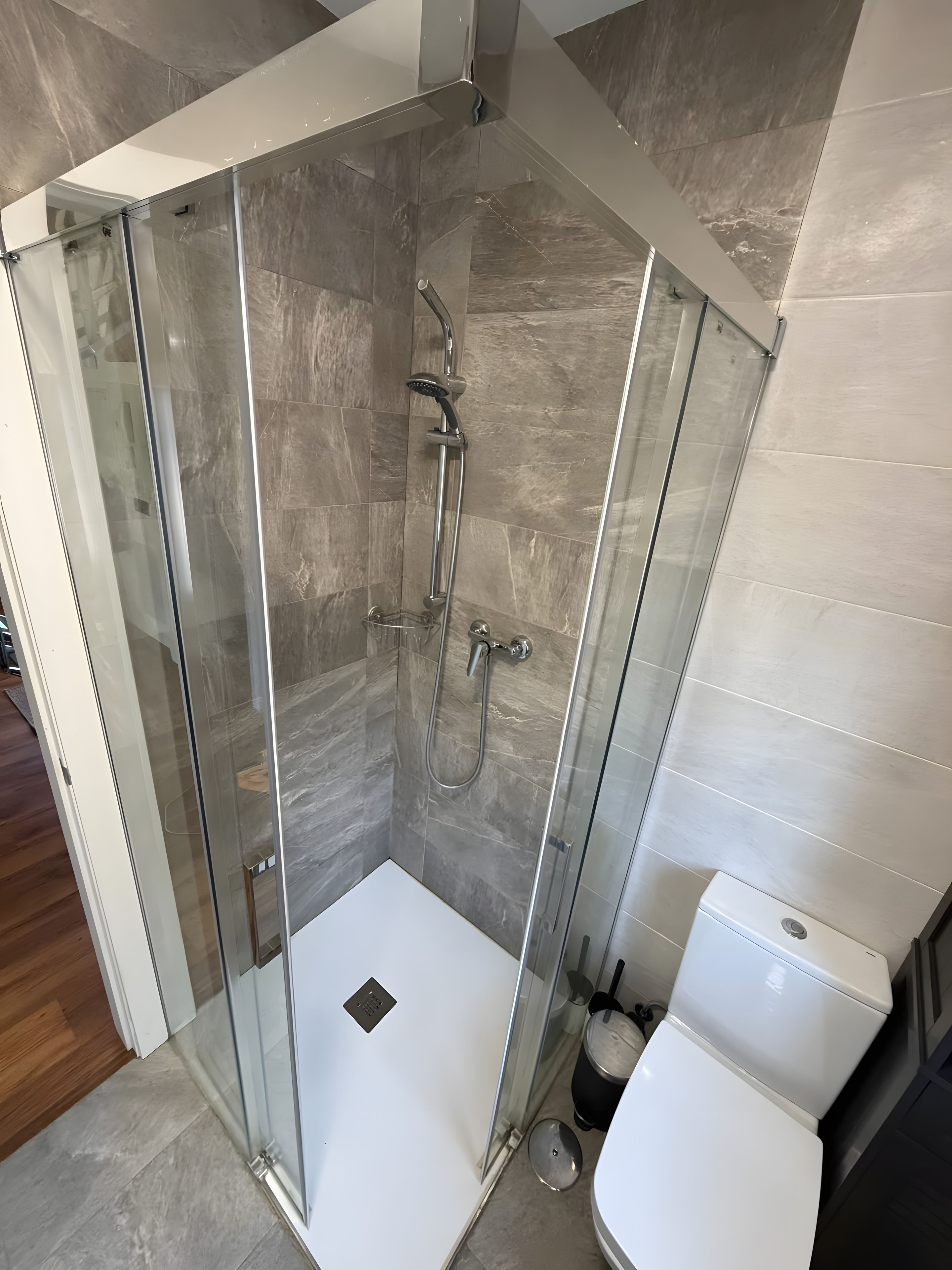 Ein modernes Badezimmer mit einer Duschkabine, einer weißen Toilette und einem kleinen Mülleimer.