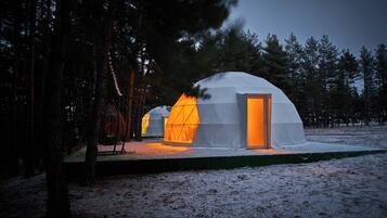 Un paisaje nevado con una estructura en forma de cúpula iluminada desde el interior.