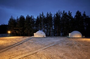 Two dome-shaped structures in a snowy landscape at dusk, surrounded by trees.