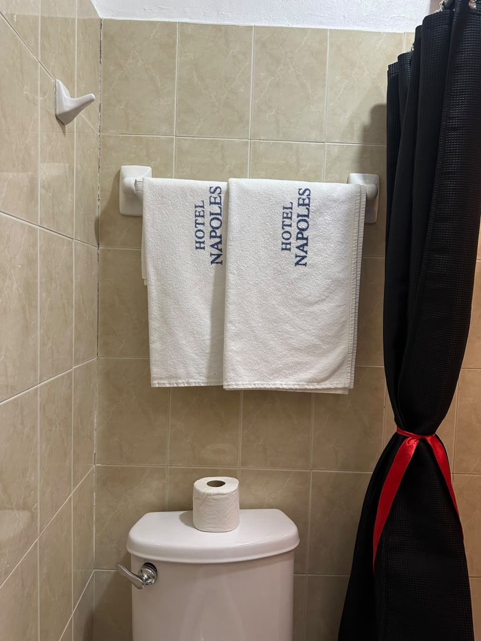 Ett badrum med två vita handdukar hängda på en krok, en toalett och en svart duschdraperi.