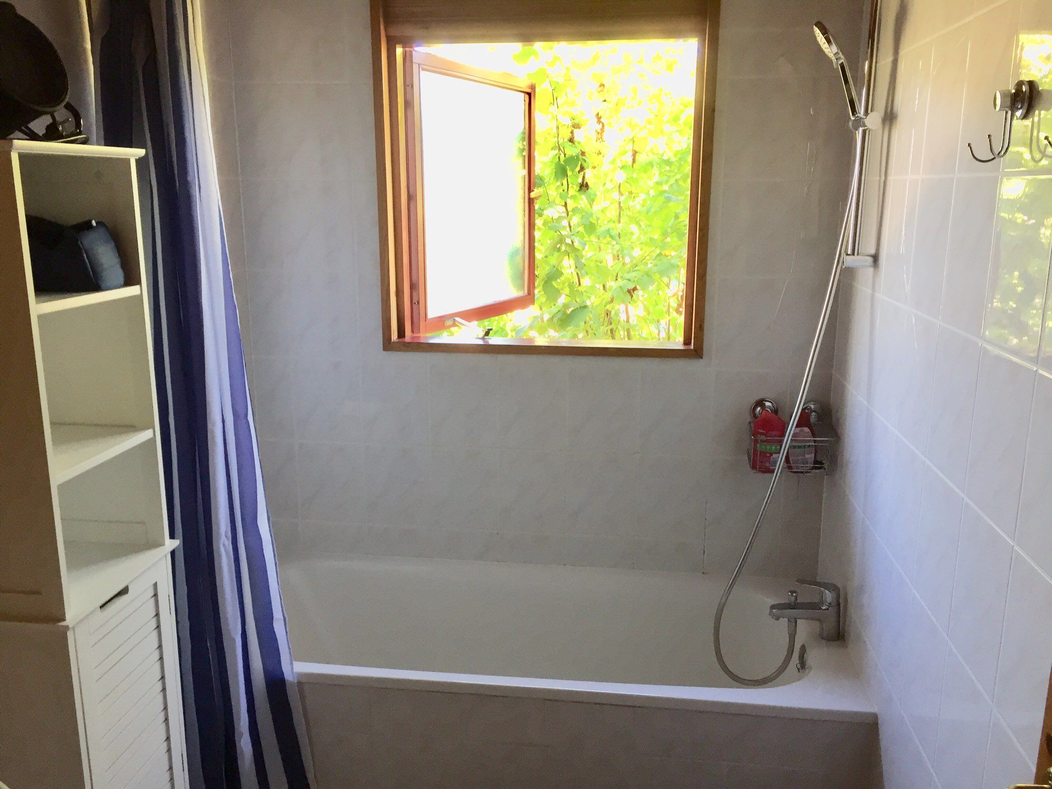 Een badkamer met een bad, een douche, een raam met uitzicht op groen en een plank met spullen.
