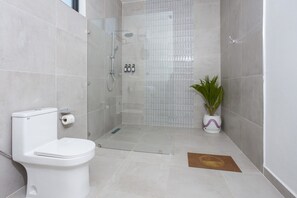 Moderni kylpyhuone, jossa on wc, suihku ja ruukussa oleva kasvi.