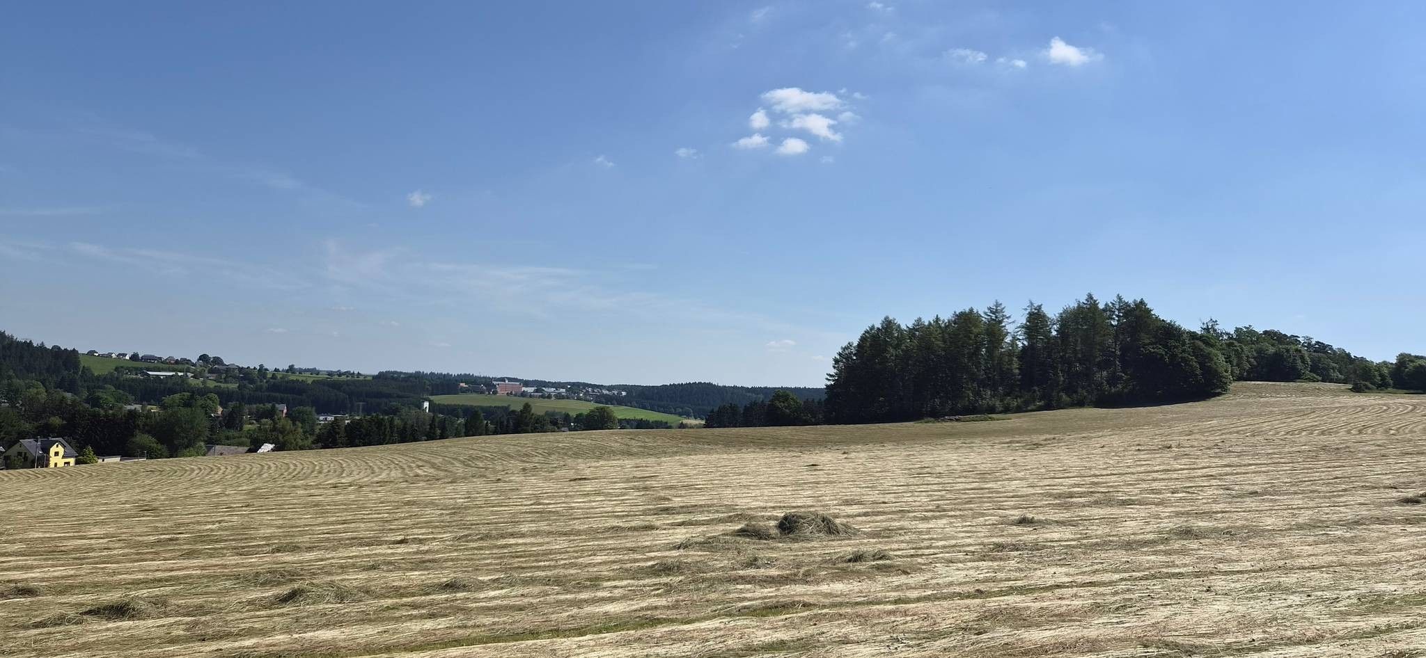Ett lantligt landskap med ett fält, träd och en by i fjärran.