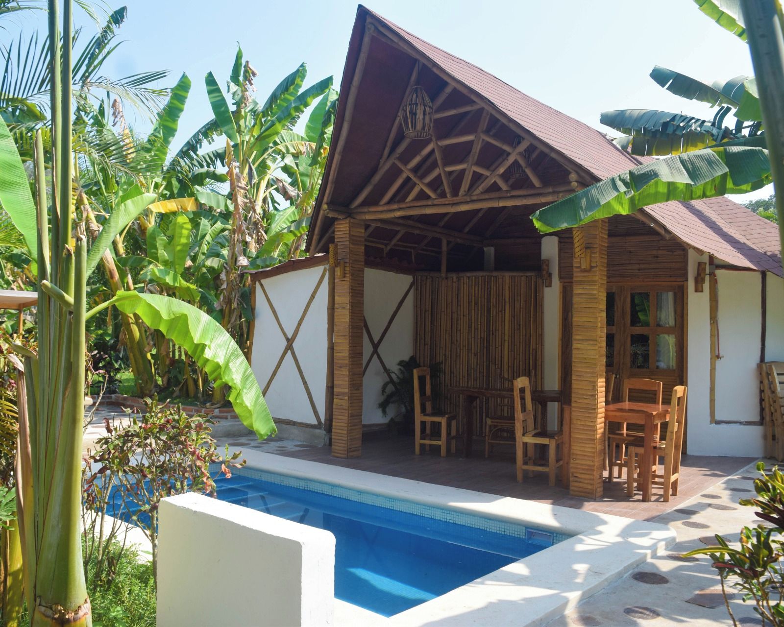 Uma cabana com piscina, rodeada por vegetação tropical.