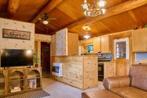 A wooden interior with a TV, sofa, and kitchen area. - Milner Pass Cabin/ Cozy Mountain retreat in South Fork, CO (Alpine)