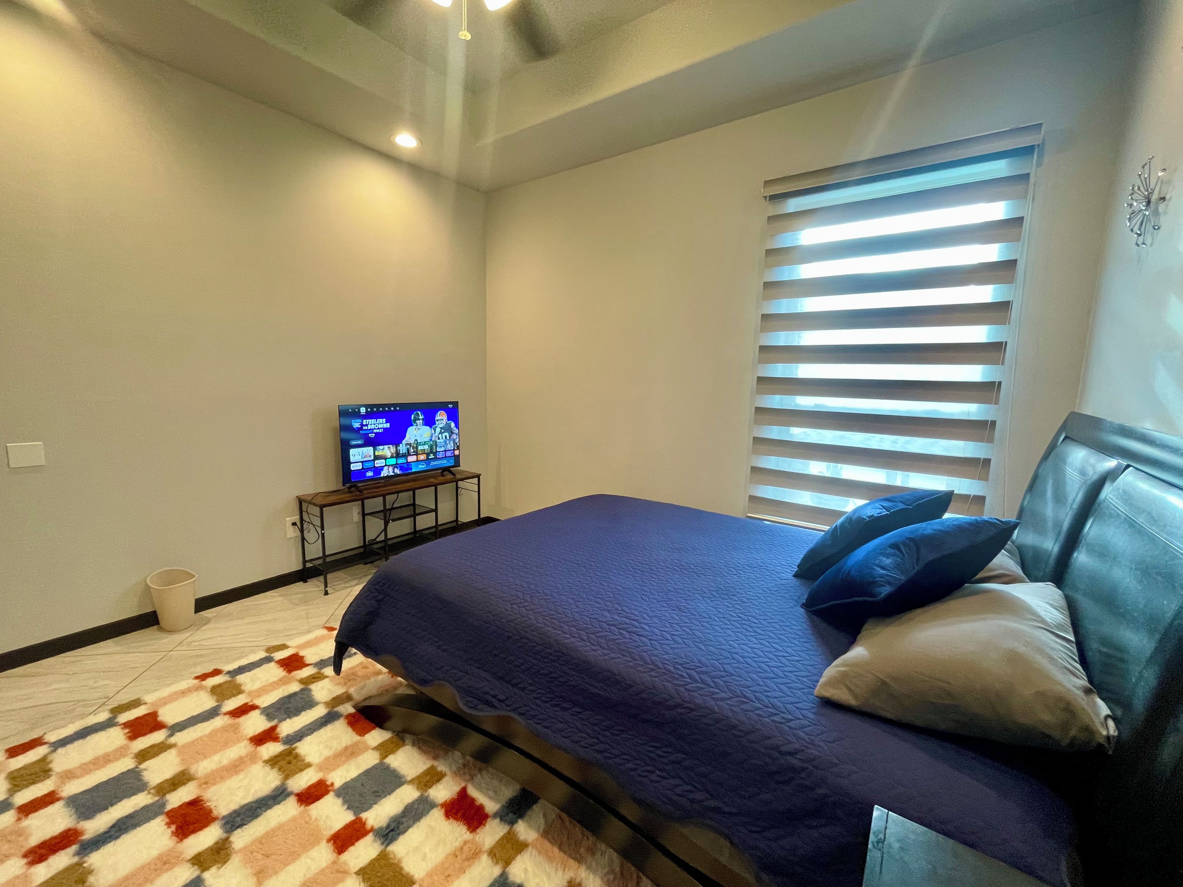 A bedroom with a bed, a television on a stand, a window with blinds, and a patterned rug.