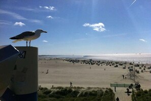 A beach with a seagull perched on a structure, people walking, and a clear sky. - Paola Vacation Home in Berum (Hage)