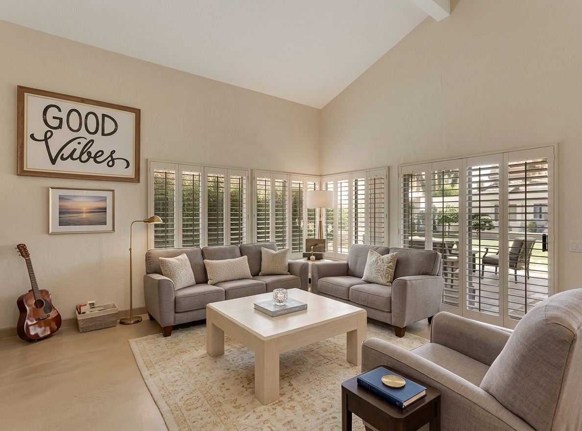 A living room with a sofa set, a coffee table, a guitar, and a framed sign on the wall.