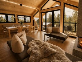 Un interior moderno con techo de madera, ventanas amplias, chimenea y un rincón de estar acogedor.