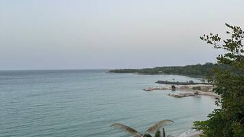 Ein Strand mit klarem Wasser, sandigem Ufer und etwas Vegetation.