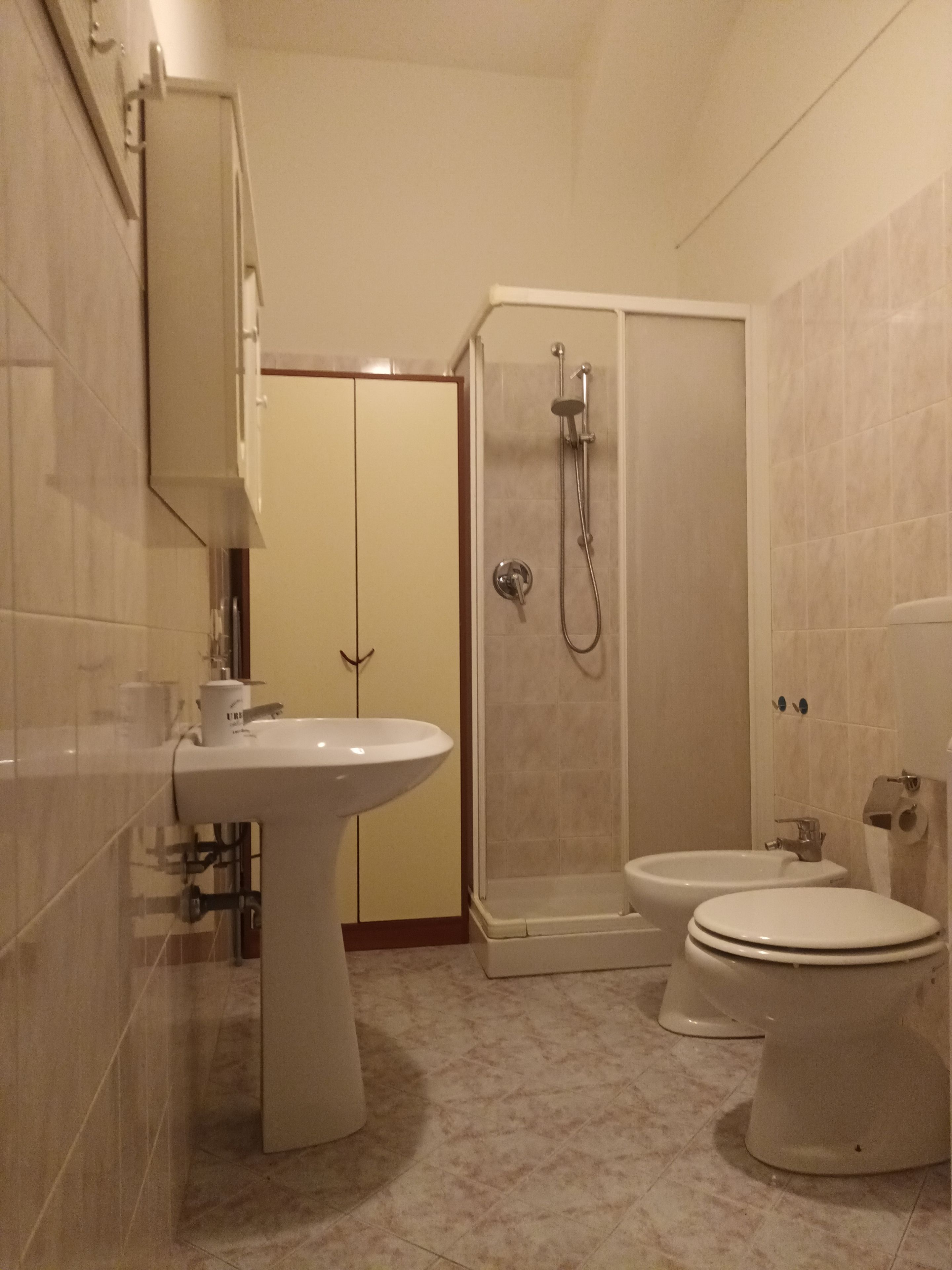 A bathroom with a sink, toilet, bidet, and a shower enclosure.