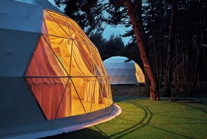 Varias tiendas en forma de cúpula con diseño geométrico, ubicadas en un área boscosa con un camino despejado que conduce a ellas.