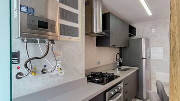 A modern kitchen with a built-in stove, oven, and refrigerator.